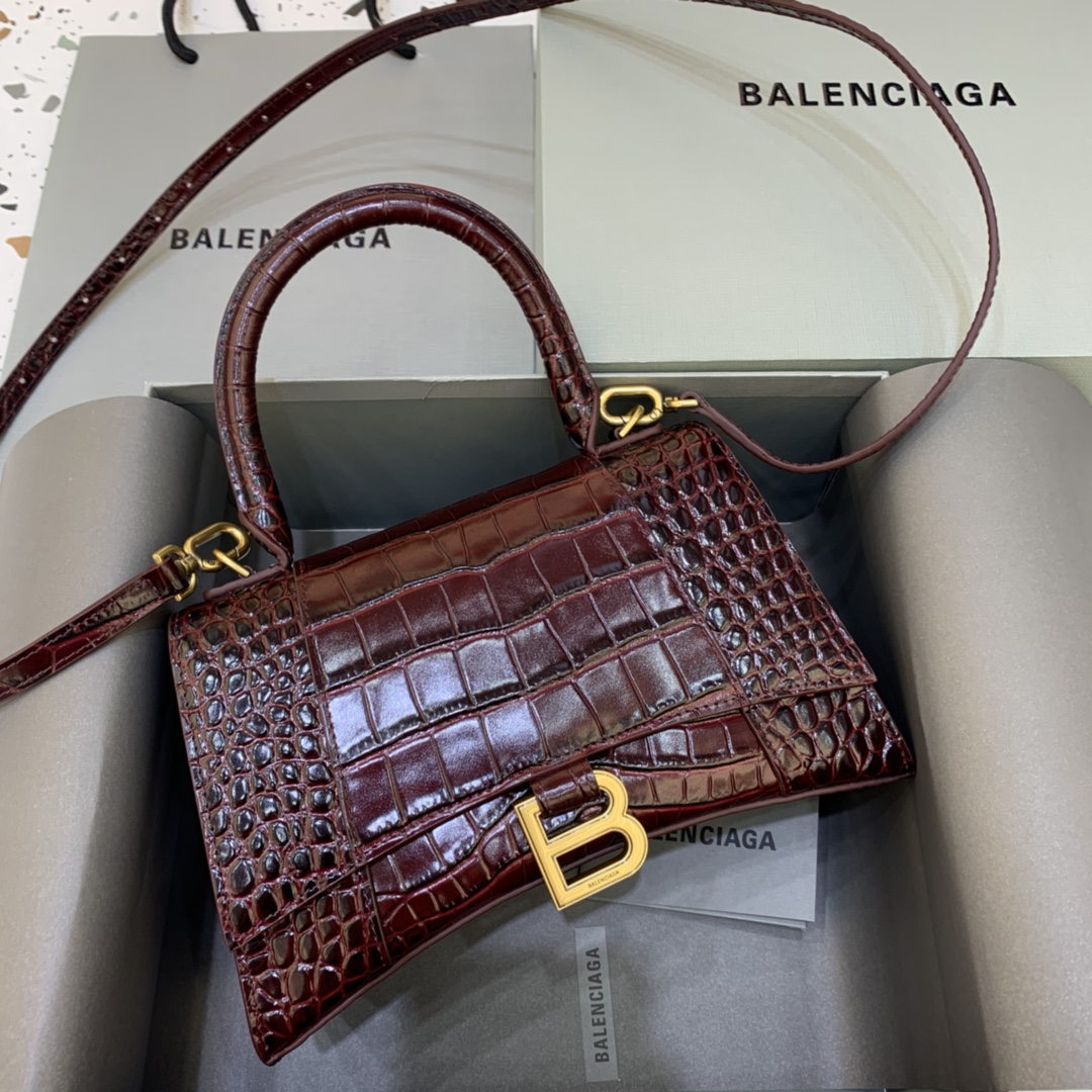 Balenciaga Hourglass Small Handbag Crocodile Embossed Shoulder Bag Dark Brown